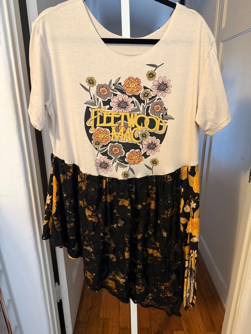 Upcycled Fleetwood Mac Graphic Floral Asymmetrical Dress - Cream & Black